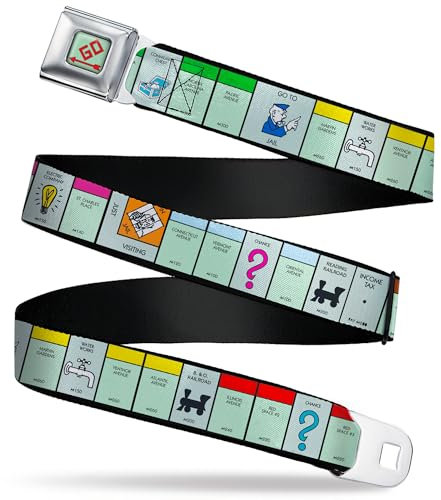 Hasbro Belt, Seatbelt Buckle Belt, Monopoly Game Board Space Blocks, Adjustable, Green, 3.81 cm Wide