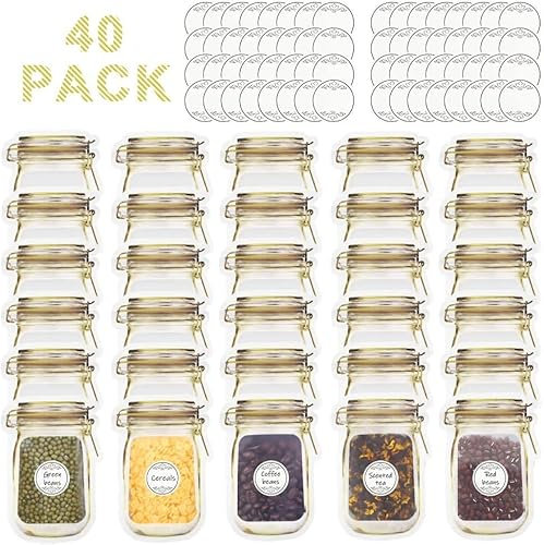 Mason Jar Bottles Bags, Spice Storage Bags,40PCS Airtight Spice Pouches With Labels,Airtight Leakproof Reusable Food Storage Bags,Perfect For Travel,Camping,Picnicking,Portable Food Storage-Yellow