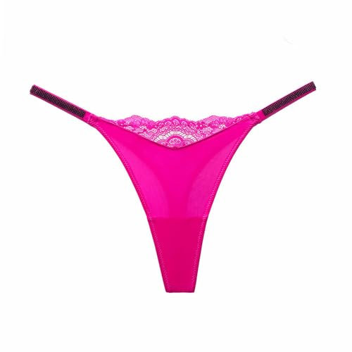 IPUDIS String en Strass Brillant pour Femme Culotte Sexy en Dentelle avec Diamants sous-Vêtements De Sport De Fitness Dos en T Rose Fluo XL