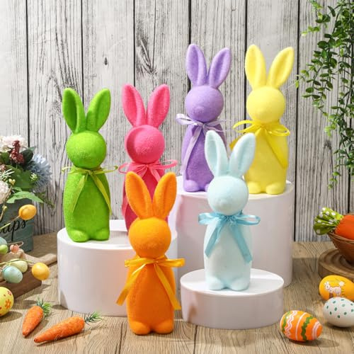 Wesiti Oster-Dekoration, beflockte Hasen-Figuren mit Fliege, 22,4 cm, beflocktes Kaninchen, Tischdekoration, für Ostern, Tafelaufsätze für Frühling, Zuhause, Büro, Tischdekoration, Partyzubehör, 6