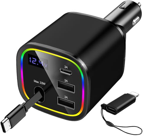 Caricatore Auto USBC 78W Rapido Accendisigari Auto con Cavo Retrattile-Nero | 4in1 Accendisigari USB Caricatore telefono auto con Luce RGB e Voltage monitoring per iPhone Android, Accessori Auto 12V/24V