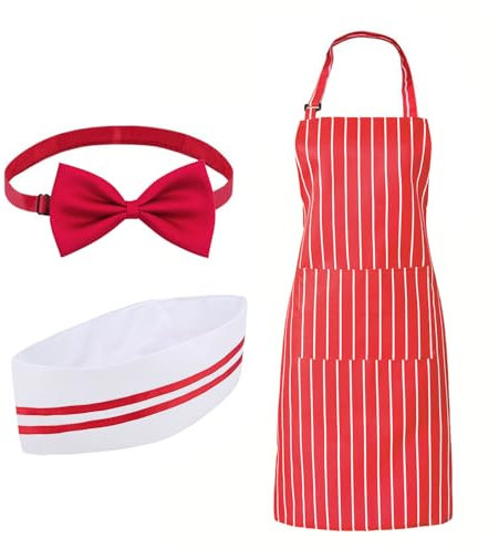 arrderly 3-Sätze von Kochschürzen und Hüten, fleckenbeständige verstellbare Schürzen, Erwachsene verstellbare Kochuniformen, rot und weiß gestreifte Camisole Schürzen, Backküchenschürzen