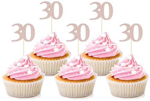 Sotpot 30PCS 30th Birthday Cupcake Toppers Rose Gold Glitter 30th Cupcake Picks for Happy 30th Birthday Party Decorations