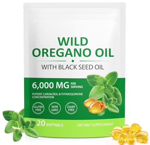 Oregano Öl Kapseln, Oreganoöl 120 Softgels 2-in-1 6000 mg mit Schwarzkümmelöl 200 mg & 165 mg Carvacrol | Kaltgepresst, gentechnikfrei | Unterstützung von Immunsystem,Verdauung & Atemwegen