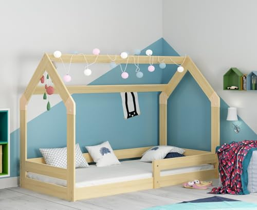 Interbeds Hausbett 160x80cm Montessori Kinderbett Bodenbett Holzbett Einzelbett mit Rausfallschutz mit Lattenrost
