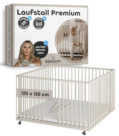 Sämann Laufstall Baby mit Lattenrost & 3 Schlupfsprossen I Sahara Dust 120x120 cm I höhenverstellbares Laufgitter aus Holz I stabiles Babybett I Premium Krabbelgitter sicher & mitwachsend Babys