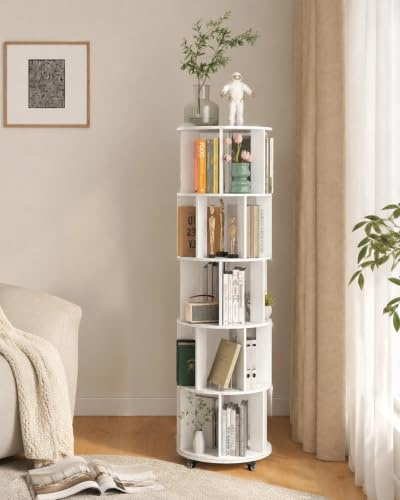 5-tier Rotating Bookshelf, 360° Revolving Bookcase, Freestanding Solid Wood Storage Unit, Multi-purpose Storage Rotating Bookcase for Adults & Children, Ideal for Home Study Room Bedroom (White)