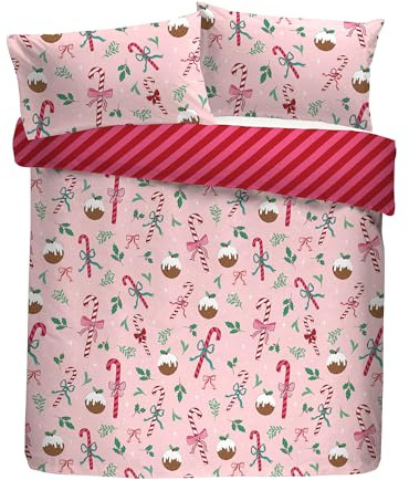 Fusion Festive Fancy Christmas Duvet Cover – King Size 230x220cm – Reversible Pink Bedding with Candy Cane & Mistletoe Print – 2 Pillowcases – Soft Cotton Blend