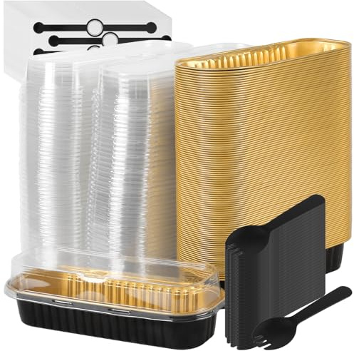 MAKTSAM 200 mini moldes para pan con tapas y cucharas, 100 juegos de moldes rectangulares de aluminio de 200 ml con adhesivo de sellado para pasteles, pudines y pan
