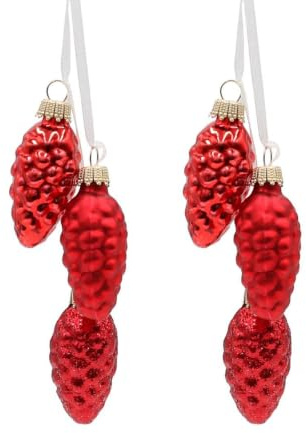 Edler Lauschaer Christbaumschmuck - Krebs Glas Lauscha - Christbaumschmuck Glaszapfen 2er Set mit 3 Tannenzapfen in Rot mit Textilband 6cm, Glanz, matt, glitzernd.