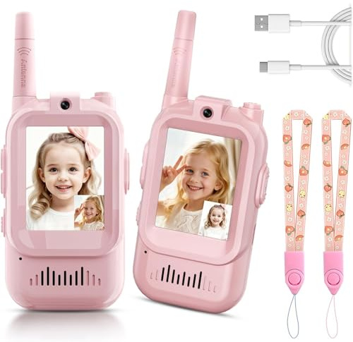 Video Walkie Talkies für Kinder, 2er-Pack Wiederaufladbare Video-Gegensprechanlagen für Kinder, Spielzeug für Drinnen und Draußen für Familienspiele, Draußen (Rosa/Rosa)
