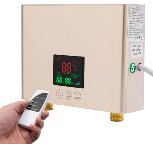 3000w Elektrisch Mini Durchlauferhitzer für Handwaschbecken 220v Klein Küche Warmwasserbereiter IPX4 Schutzart Kleindurchlauferhitzer mit LED-Temperaturanzeige und Fernbedienung 21x15x5.5cm
