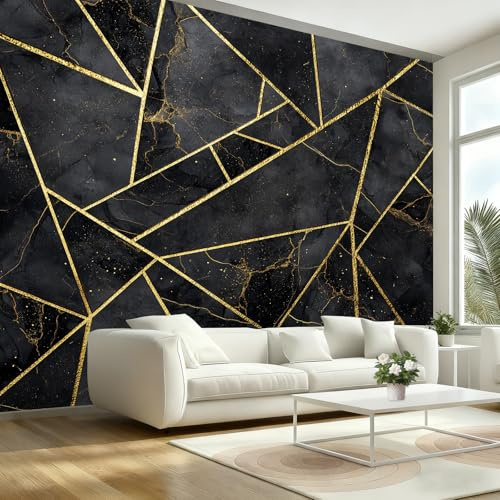 Klassischer Geometrische Marmor Tapete Vliestapetenkleister 365x254cm (B x H) Fototapete Wohnzimmer Tapete Schwarzer Goldener Marmor Möbelfolie Vliestapete Schlafzimmer Küchentapete Wandfolie