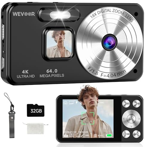 Digitalkamera 4K 64MP, Wevoor 32GB 2000mAh Digital Fotokamera für Anfänger | Kompaktkamera mit Autofokus, 18x Digitalzoom, 2,8 Bildschirm, Fotoapparat für Erwachsene Kinder Teenager Vlog - Schwarz