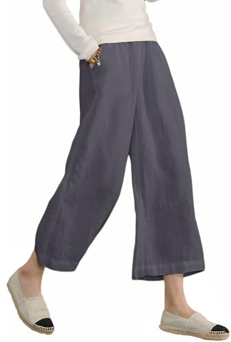 ECUPPER Women's Plus Size Elastic Waist Cotton Capri Pants Relaxed Loose Casual Cropped Trousers Grey L