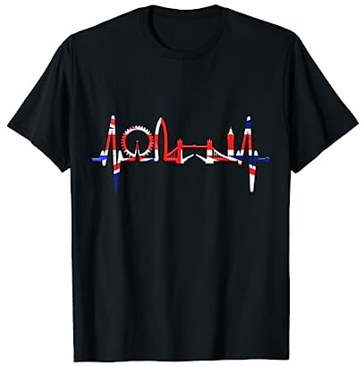 City of London Geschenkideen Für Londoner Fans London Skyline Herzschlag England Flagge Union Jack London T-Shirt Schwarz S Klassische Passform Crew-Kragen Kurzarm Unisex-Erwachsene Männer