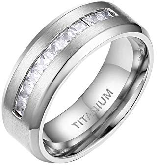 Mabohity Ring Herren/Damen Titan-Ring mit Zirkonia Titanium 8mm Breit Ewigkeit Ehering Verlobungsring Freundschaftsring Hochzeit Band, Silber, Größe 60