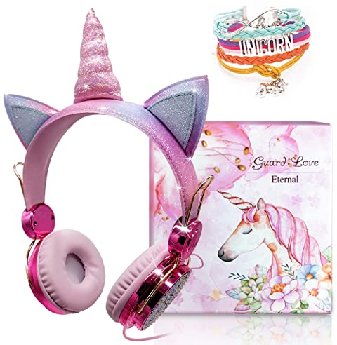 Unicorn Sparkly Rhinestone Kids Headphones for Girls, Wired Over Ear with Unicorn Bracelet Gift, Adjustable Stereo Headphones w/Mic and Volume Control (Princess Pink)