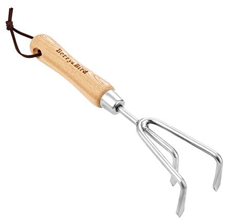Berry&Bird Handheld Triple Claw Rake, Edelstahl Garten Hand Grubber mit ergonomischen Holzgriff und Lederriemen Heavy Duty Tool für Tilling Gartenarbeit