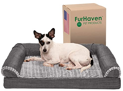 Furhaven Medium Memory Foam Dog Bed Luxe Faux Fur & Performance Linen Sofa-Style w/Removable Washable Cover - Charcoal, Medium