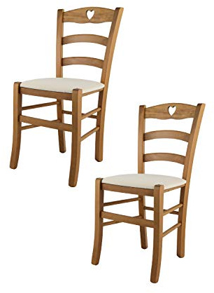 Tommychairs - 2er Set Stühle CUORE für Küche und Esszimmer, Robuste Struktur aus lackiertem Buchenholz im Farbton Eichenholz und gepolsterte Sitzfläche mit Stoff in der Farbe Elfenbein bezogen