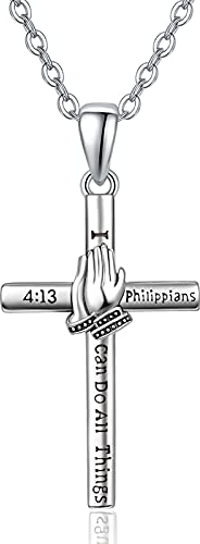 TANGPOET Kreuz Kette Herren 925 Sterling Silber Betende Hände Kreuz Anhänger Halskette Kreuzkette Schmuck Geschenke für Damen Männer