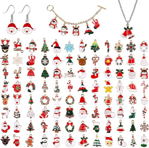 Kalolary 96 Stücke Weihnachten Emaille Charme Anhänger Gemischte Stile Überzogene zum Armband Halskette Ohrring Charms Schmuck Handwerk Bilden Schmuck Basteln Herstellung Schneeflocke Baum Zubehör Set