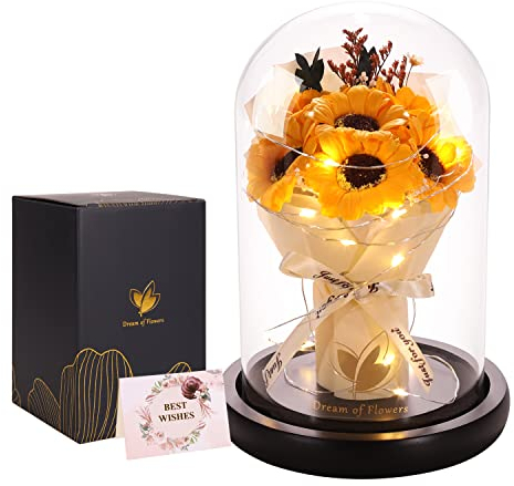 Dream of Flowers Valentines Sunflower Gifts for Her, Preserved Artificial Rose Flower Gifts for Wife, Friends,Sunflower Gifts for Mom,Light Up Rose in A Glass Dome,Birthday Valentines Anniversary