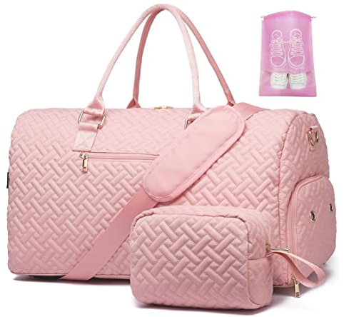 Sporttasche Reisetasche Damen, Kliniktasche Geburt Weekender Saunatasche Damen Groß Handgepäck Tasche mit Kulturtasche Schuhfach und Nassfach for Weekend Travel,Rosa