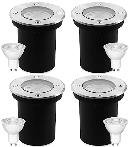 Goodia 4er Set Bodenstrahler Außen Schwenkbar GU10 IP67 Bodeneinbaustrahler Aussen mit LED GU10 3W Warmweiß (Wechselbar) - Rund Bodenleuchten Außen Mit Mattierten Ersatzlinsen 230V