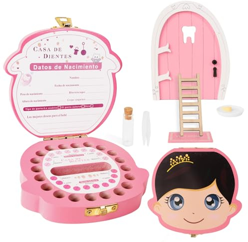 GEBETTER Caja Dientes de Leche Niña en Español + Puerta Pérez Ratoncito, Cajita Madera Guardar Dientes, Pinzas, Botecito, Puerta, Felpudo, Escalera, Queso y Plato, Regalo Niña 5 6 7 8 9 Años (Rosa)