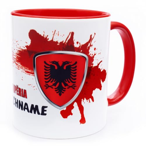 Albanien Shqipëria Tasse mit Namen personalisiert Albania Wappen albanische Flagge Fahnen Fanartikel Produkte 2025 Becher Geschenk Mann Geburtstag shqiptare Kupa turi Fussball Produkt Keramik 330 ml