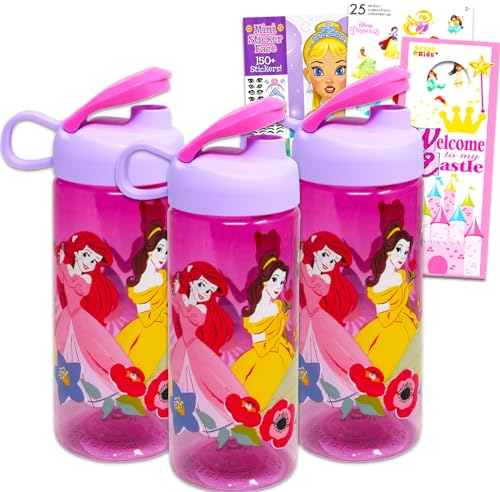 Disney Ensemble de bouteilles d'eau Princesse pour enfants – Ensemble avec 3 gourdes, autocollants et plus encore | Gobelets Princesses Disney