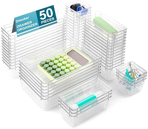 Diwoker 50 Stücke Schubladen Organizer mit 4 Größen, Schminktisch Ordnungssystem aus Klarem Kunststoff, Einsetzbar Make Up Organizer Kommode Aufbewahrungsboxen Trennbox (50 Stück)
