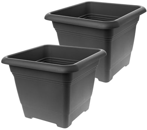 Lot de 2 grands pots de fleurs extérieurs 40 x 40 cm - En plastique résistant au gel - Fabriqué en Allemagne - Grand pot de fleurs extérieur avec protection UV et réservoir d'eau - Anthracite