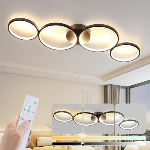 GBLY Deckenlampe LED Deckenleuchte Wohnzimmer: 100cm Dimmbar Wohnzimmerlampe 4-Ringen Modern Schlafzimmerlampe 56W Schwarz Deckenbeleuchtung mit Fernbedienung Design für Schlafzimmer Büro Küche