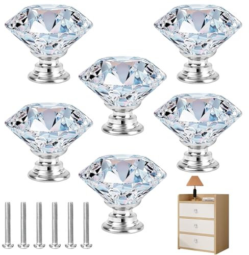 Modern Style Crystal Glass Door Drawer Knob with Screws, 6Pcs Crystal Knobs for Drawers Cupboard Knobs Dresser Knob 20mm Drawer Handles Wardrobe Door Handles for Cupboards Wardrobes Drawers Home