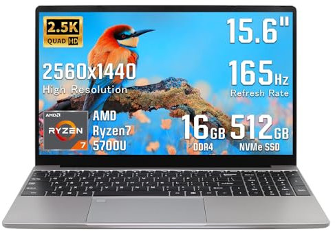 UDKED 15.6 inch Metal Laptop,AMD Ryzen 7 5700U,8 Core 16 Thread,2.5K LCD 2560*1440 IPS 165Hz Notebook,DDR4 16GB Nvme 512GB SSD,UK Keyboard Film/Win11 Business Computer,Backlit,HDMI,Data Type-C,USB 3.0