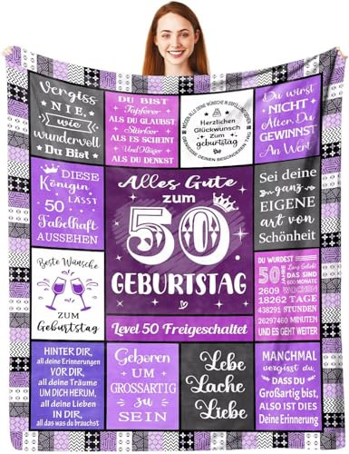 ARRITS Kuscheldecke Geschenke zum 50. Geburtstag Frau 150 x 200 cm | Personalisierte 50 Geburtstag Decke Geschenk für Frauen Schwester Mama Tochter Ehefrau, Happy 50th Birthday Deko Flanelldecke