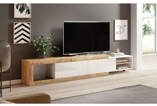 Gamme SINTRIA – Mobilier Salon Bois & Blanc Brillant Design Scandinave Moderne (Meuble TV Extensible, Buffets, Vitrines, Table Basse, Étagères) (L 200 à 242 × H 43 × P 40 cm)