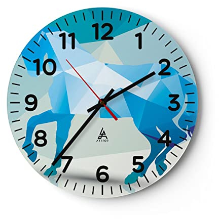 Modern Wanduhr Pferd Illustration modern Grafik 40x40cm Rund Groß Wand Uhr Glas Analog Zimmeruhren Küche Büro Wohnzimmer Glasuhr Wall Clock Dekoration Design Wanddekoration Küchenuhr C4AR40x40-2814