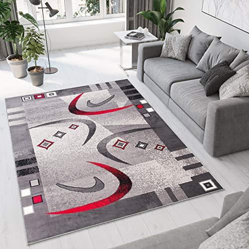 TAPISO Dream Tappeto Camera Soggiorno Salotto Moderno Grigio Rosso Astratto Geometrico A Pelo Corto 140 x 200 cm