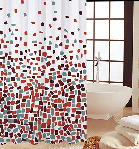 KAV Polyester Fabric Shower Mould and Mildew Resistant Curtain 180 x 180 cm (71 x 71 Inch) Tiles Patterned (Choose Colour from Drop Down menu) (Red Mosaic, 1), Measures