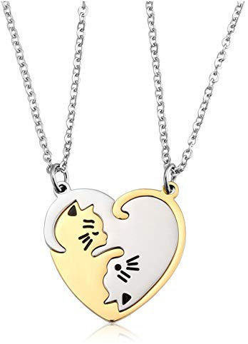 Jovivi 2pc Heart Couples Necklaces His and Hers Silver Gold Stainless Steel Ying Yang Cat Puzzle Piece Pendant Friendship BBF Best Friend Necklace Gifts