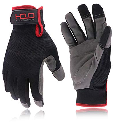 HANDLANDY Mens Utility Work Gloves, Flexible Mechanic Gloves Touch Screen,Breathable Spendex Back, Padded Knuckles & Palm (XL, Black)