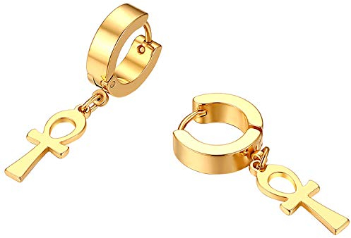 Flongo Herren Ohrstecker Creolen Damen Kreuz Ohrringe Ohrhänger aus Edelstahl in Gold Stecker mit hängenden ägyptisch Ankh. Kreuz Anhänger Jahrgang Männer, Frauen