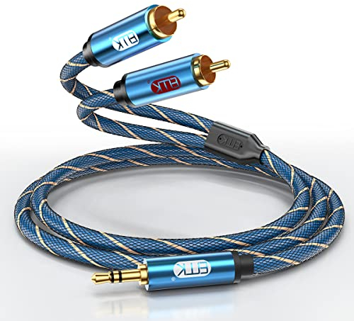 EMK Cable 2RCA Separadores Y 3,5 mm a 2RCA Cable auxiliar audio Nylon trenzado AUX Jack 3.5 macho a 2rca Cable conecta teléfono, luidsprekers, Soundbar, TV (1 metro)