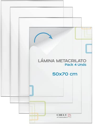 CHELY INTERMARKET Láminas Metacrilato 50X70 CM 0.7 MM Pack 4 Unidades Plexiglass Transparente Resistente Para Manualidades Marcos Pantallas Protección Fotografías Cristal Acrílico Plástico Duro