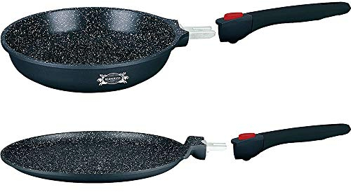 HAUSSMANN heritage-Poêles à Crêpière 28 cm - Manche Amovible - Fonte d'Aluminium - Revêtement type pierre - Tous feux dont induction - Sans PFOA (Poêle à crêpes 28cm+Poêle 28cm)