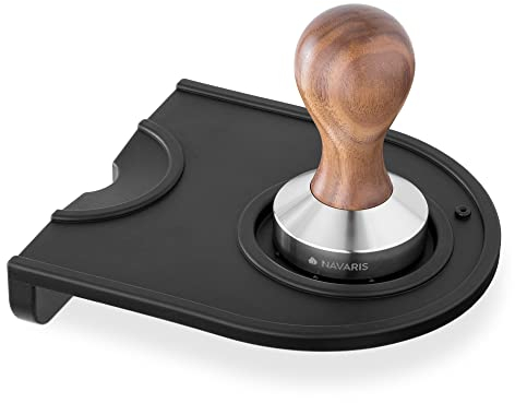 Navaris Tamper Café Expresso 51 mm - Tasseur Presse à Café en INOX et Noyer avec Tapis Silicone 14 x 12,7 x 3 cm - Accessoire Barista Professionnel